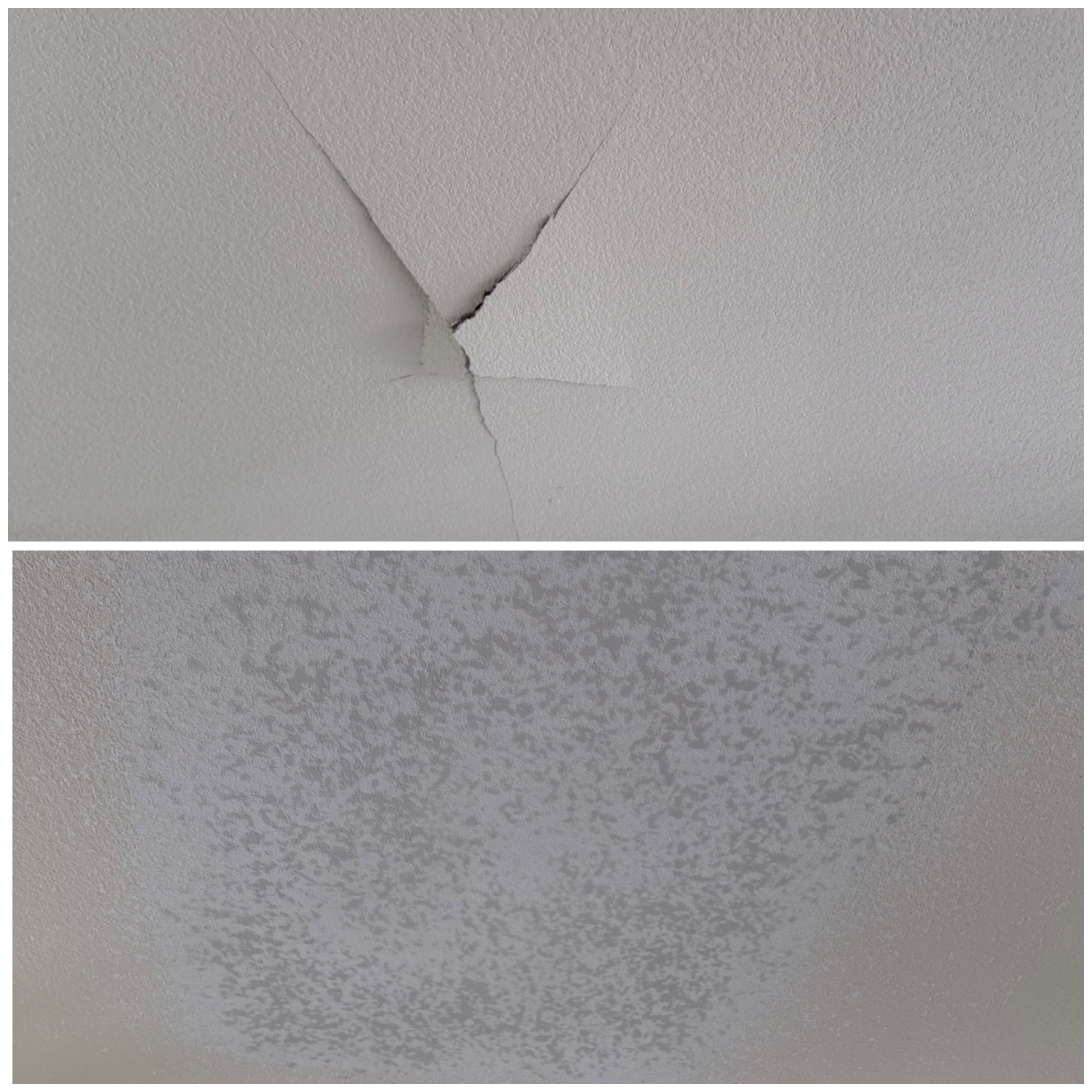 Drywall crack and texture area before and after repair