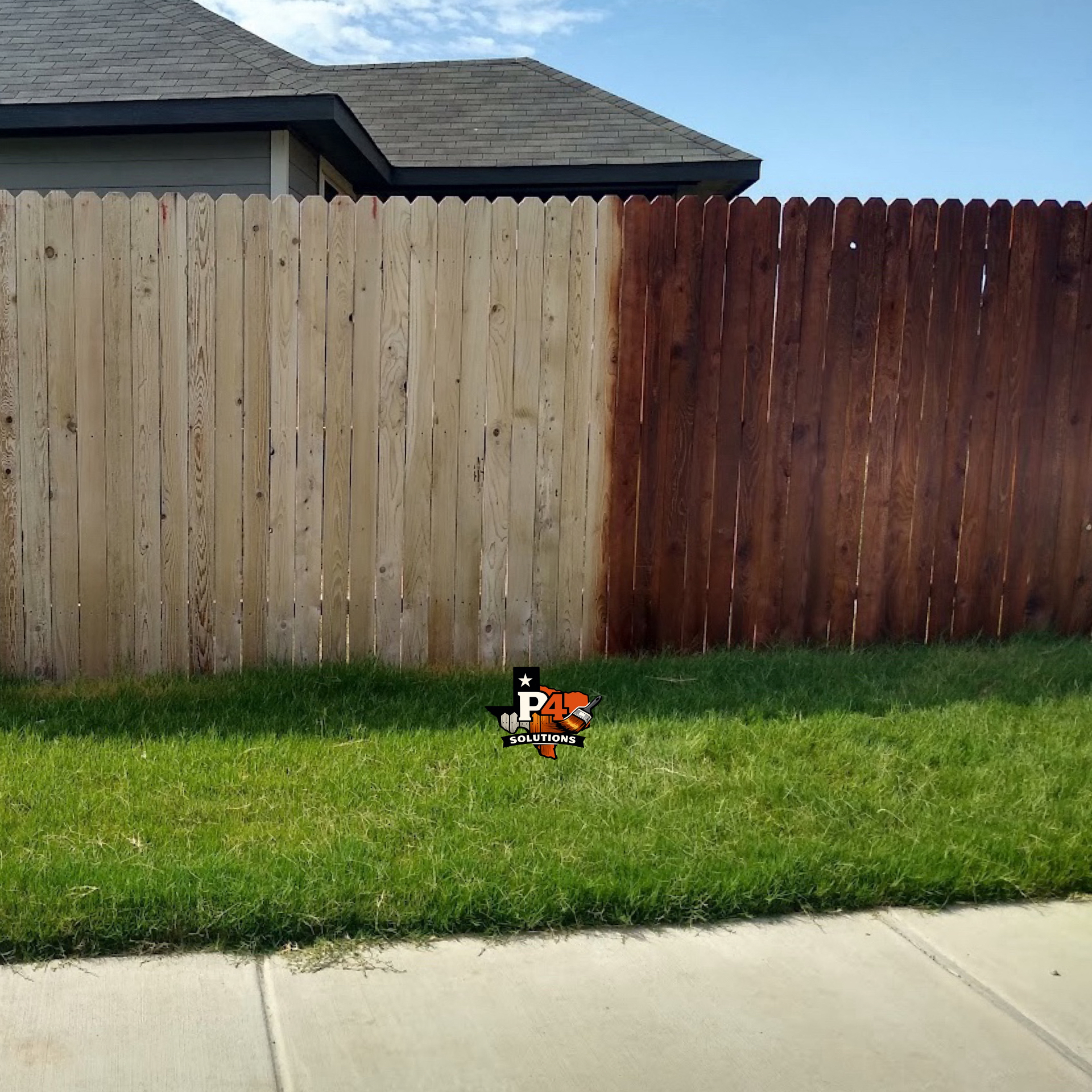 Fence half raw sun-bleached wood, half freshly stained deep cedar