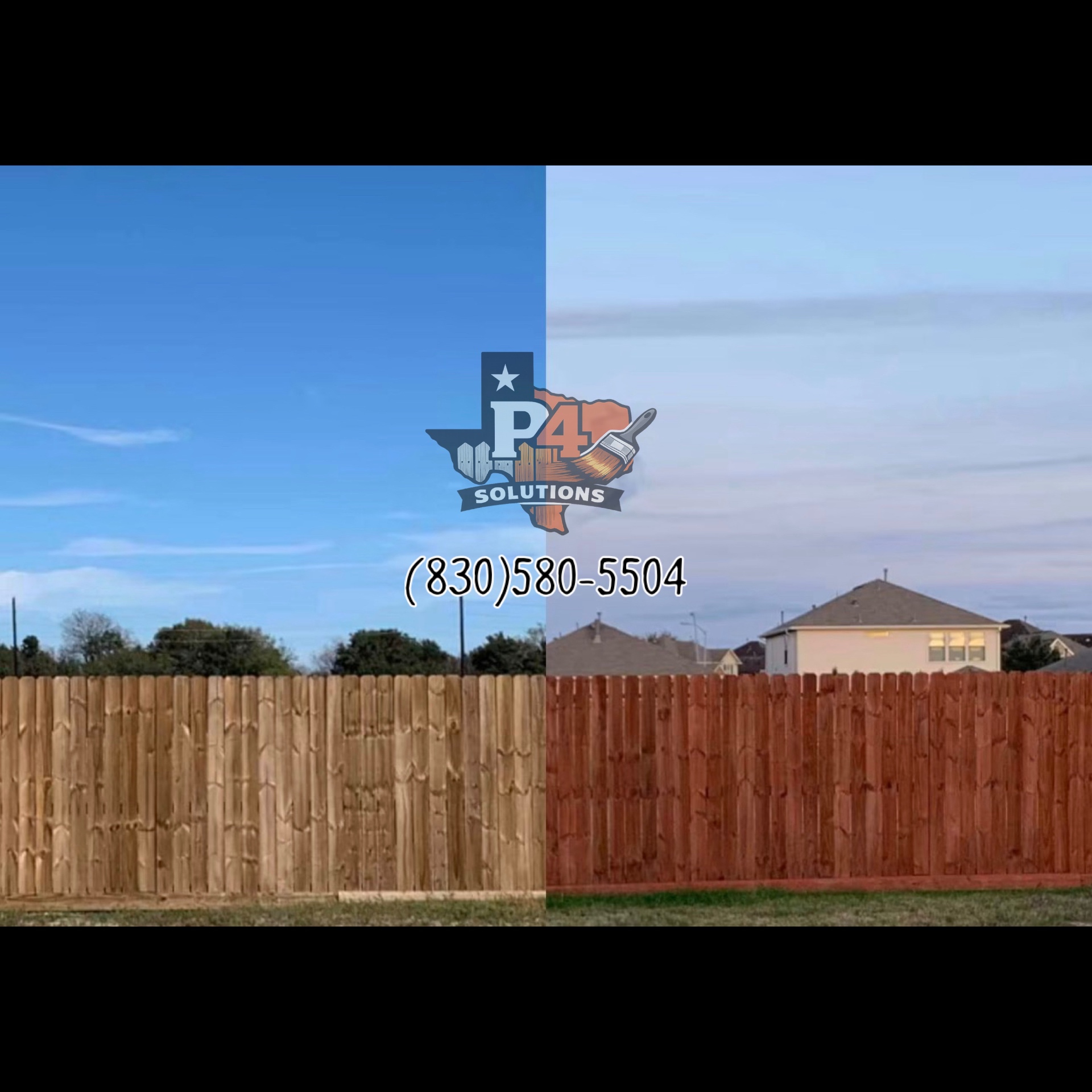 Privacy fence split view — raw wood on the left, rich red cedar stain on the right