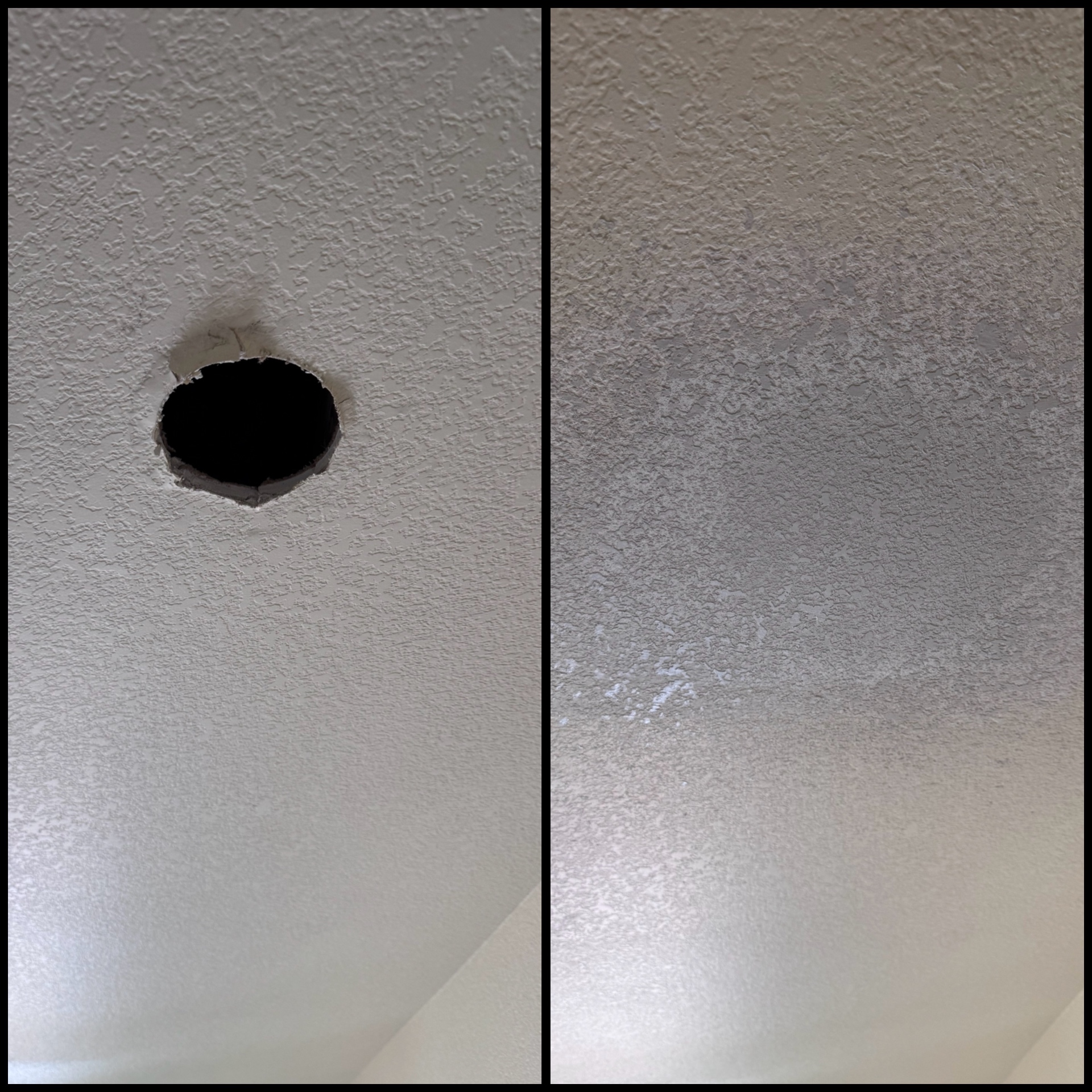 Ceiling hole before and after patch with matching knockdown texture