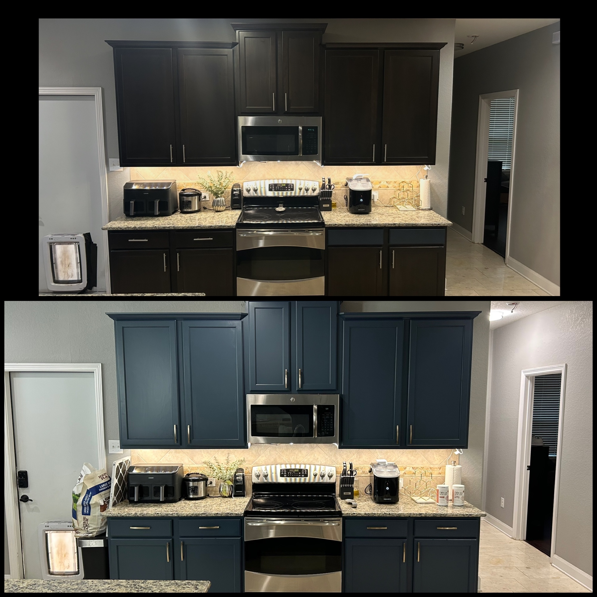 Kitchen cabinets before and after — dark espresso repainted deep navy blue