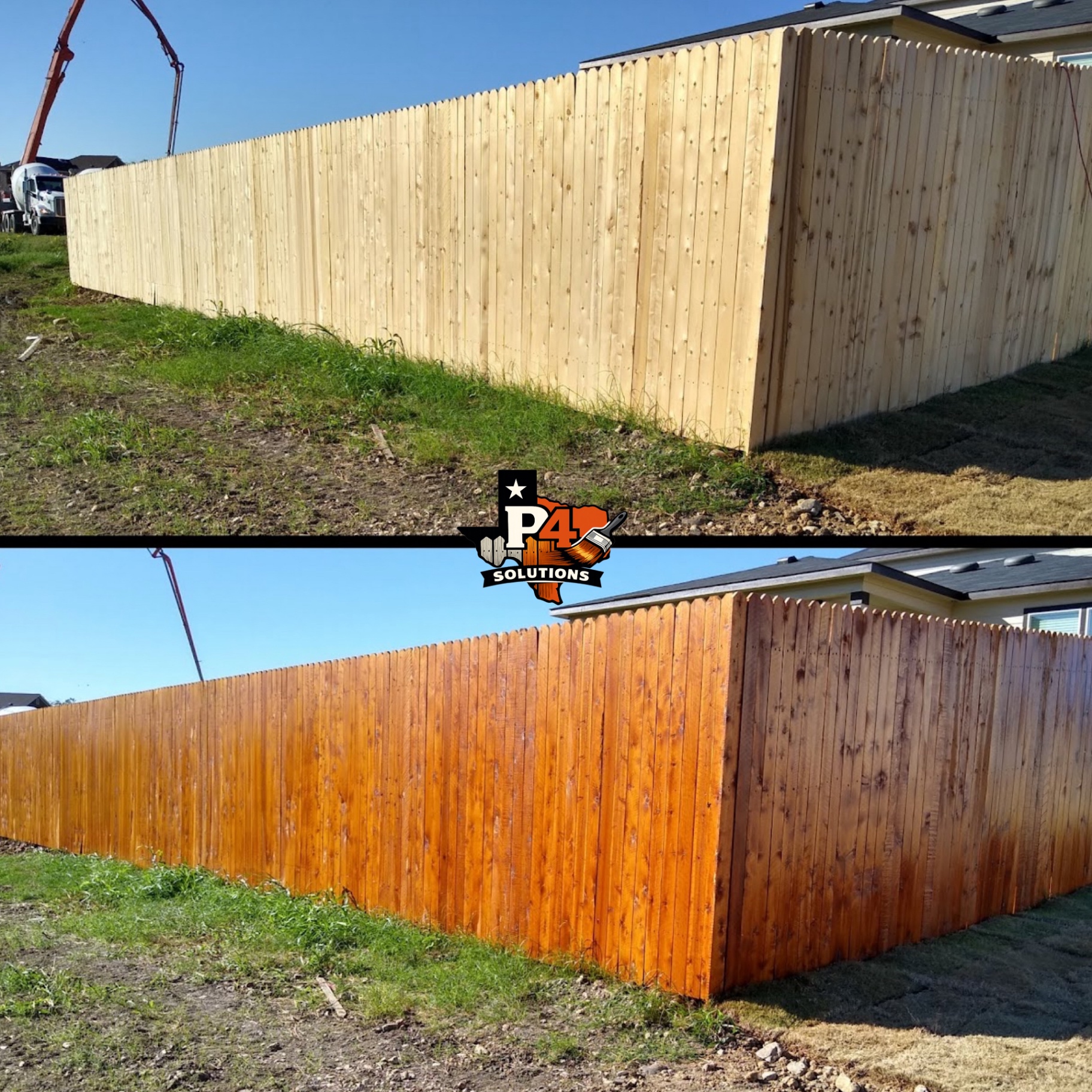 New build privacy fence before and after warm cedar stain