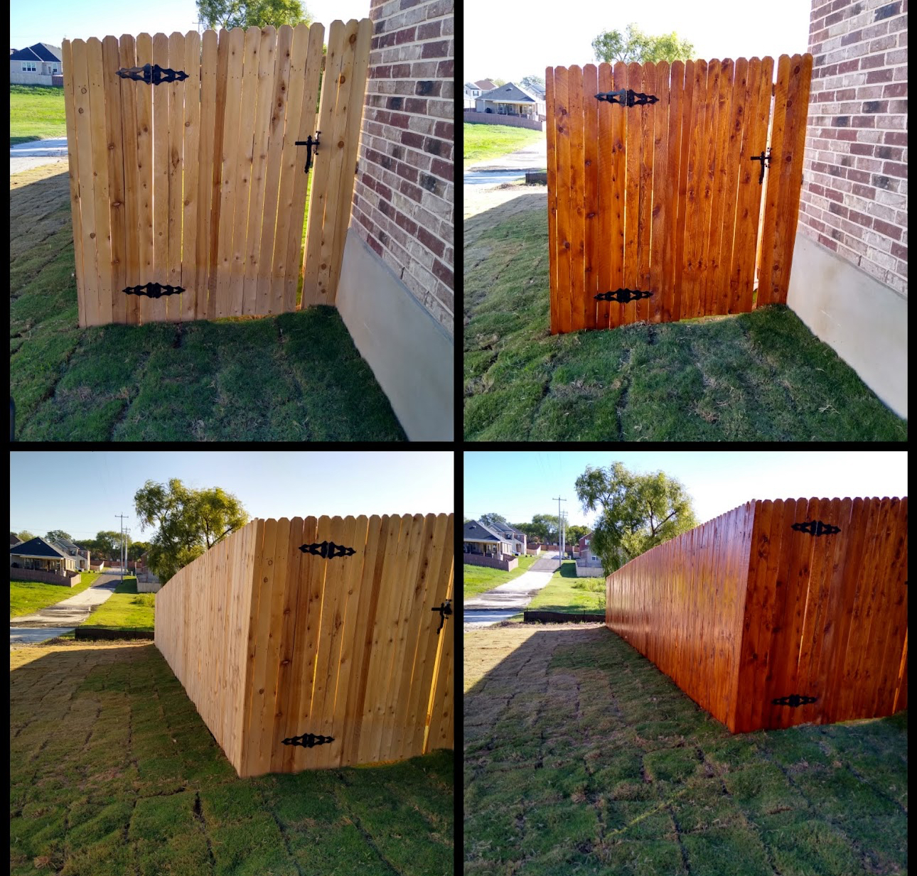 Four-photo before and after of a wooden gate and fence stained deep cedar