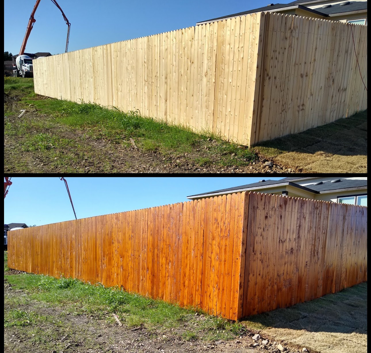Privacy fence before and after — raw cedar boards transformed with warm cedar stain